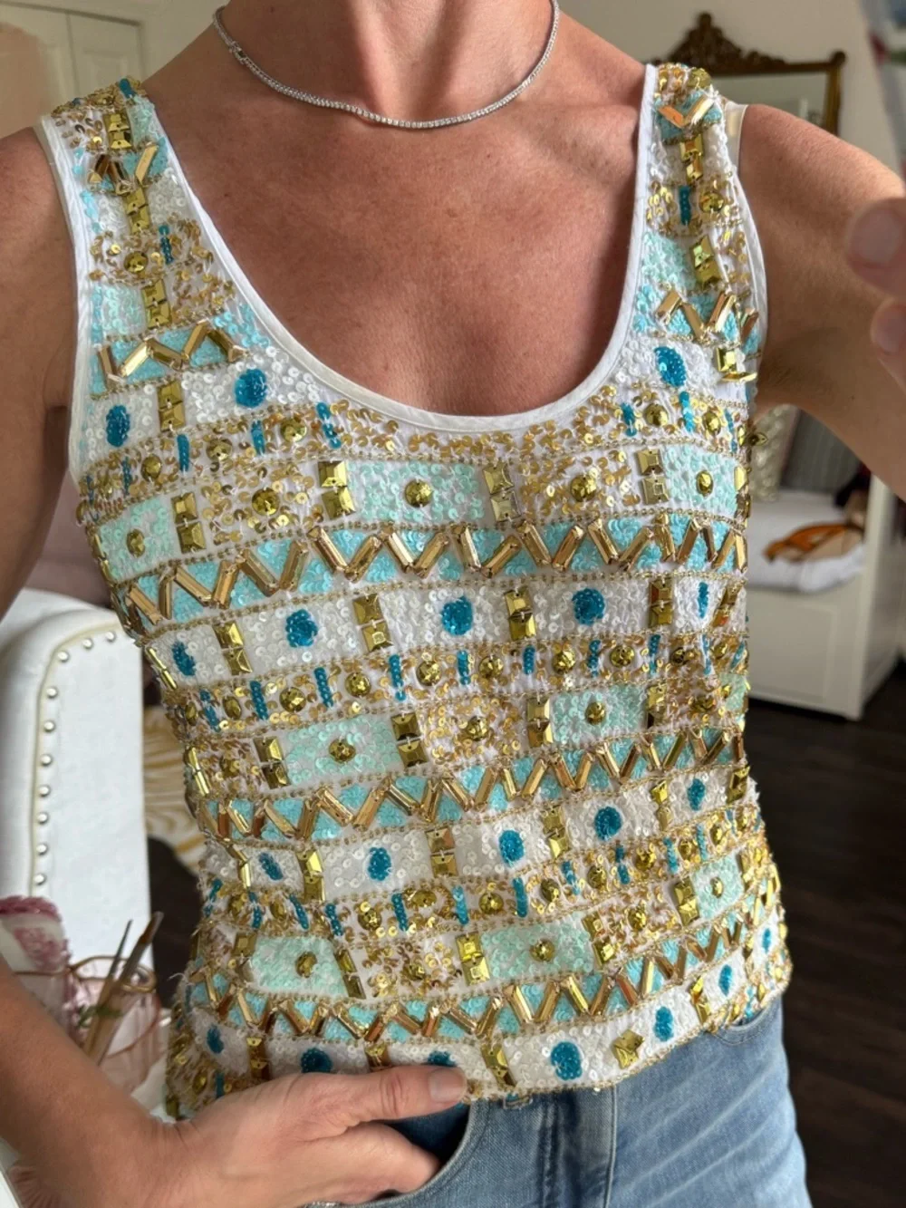 Boston Proper Beaded Sequin Tank Top Gold Aqua Resort Luxe Yacht Club Glam Sz S - Picture 2 of 7